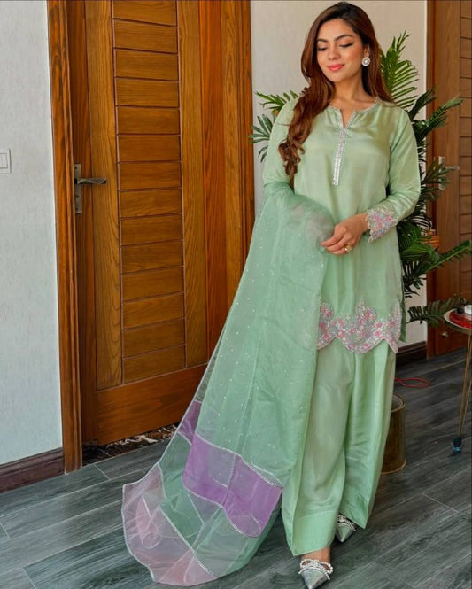 HEAVY NATURAL CREAP EMBROIDERED SEQUENCE WORK WITH FANCY TOP-PENT DUPATTA SET single available wholesale