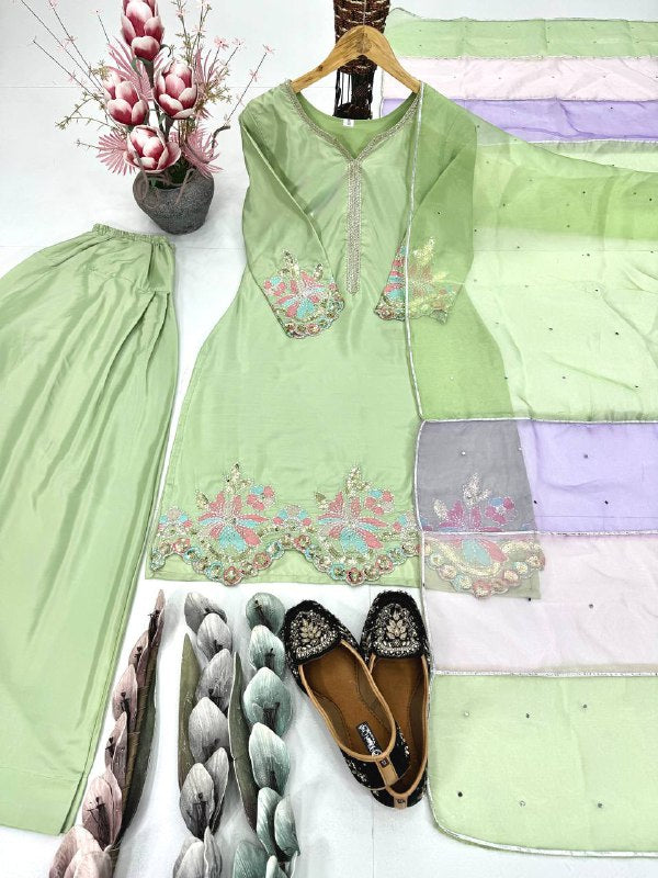 HEAVY NATURAL CREAP EMBROIDERED SEQUENCE WORK WITH FANCY TOP-PENT DUPATTA SET single available wholesale