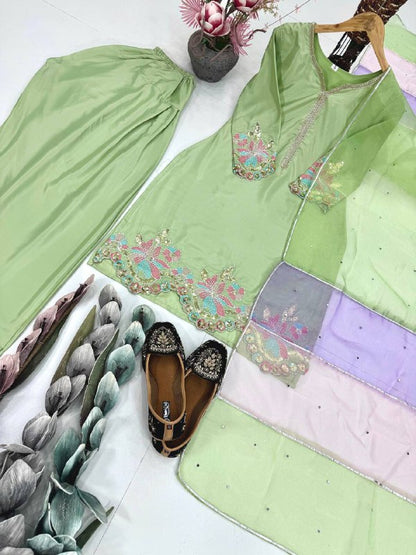 HEAVY NATURAL CREAP EMBROIDERED SEQUENCE WORK WITH FANCY TOP-PENT DUPATTA SET single available wholesale