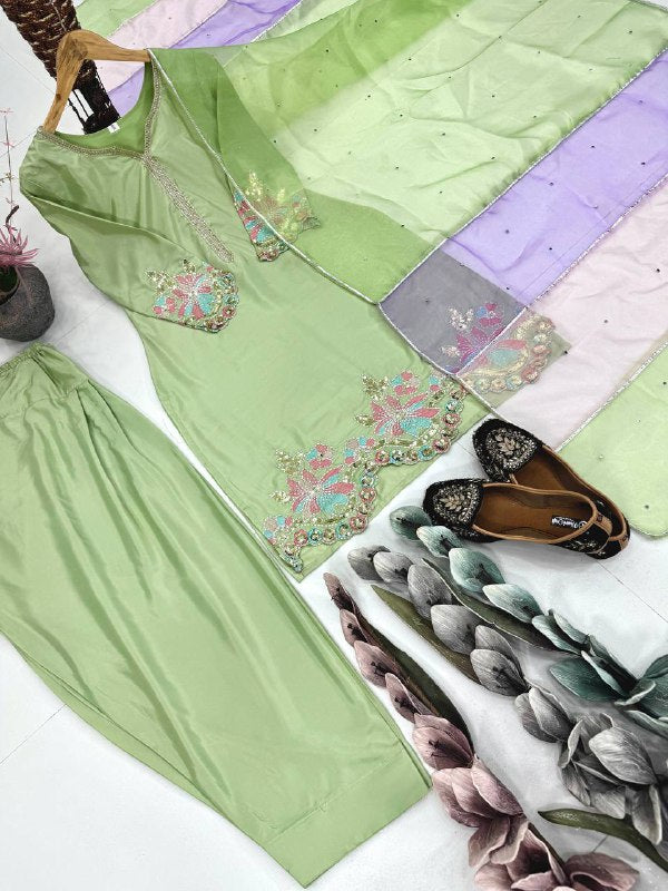 HEAVY NATURAL CREAP EMBROIDERED SEQUENCE WORK WITH FANCY TOP-PENT DUPATTA SET single available wholesale