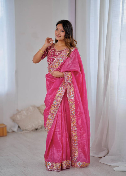 saree Gold Crush With Heavy Embroidery Threads 🧵 Codding & Sequins Work single available wholesale