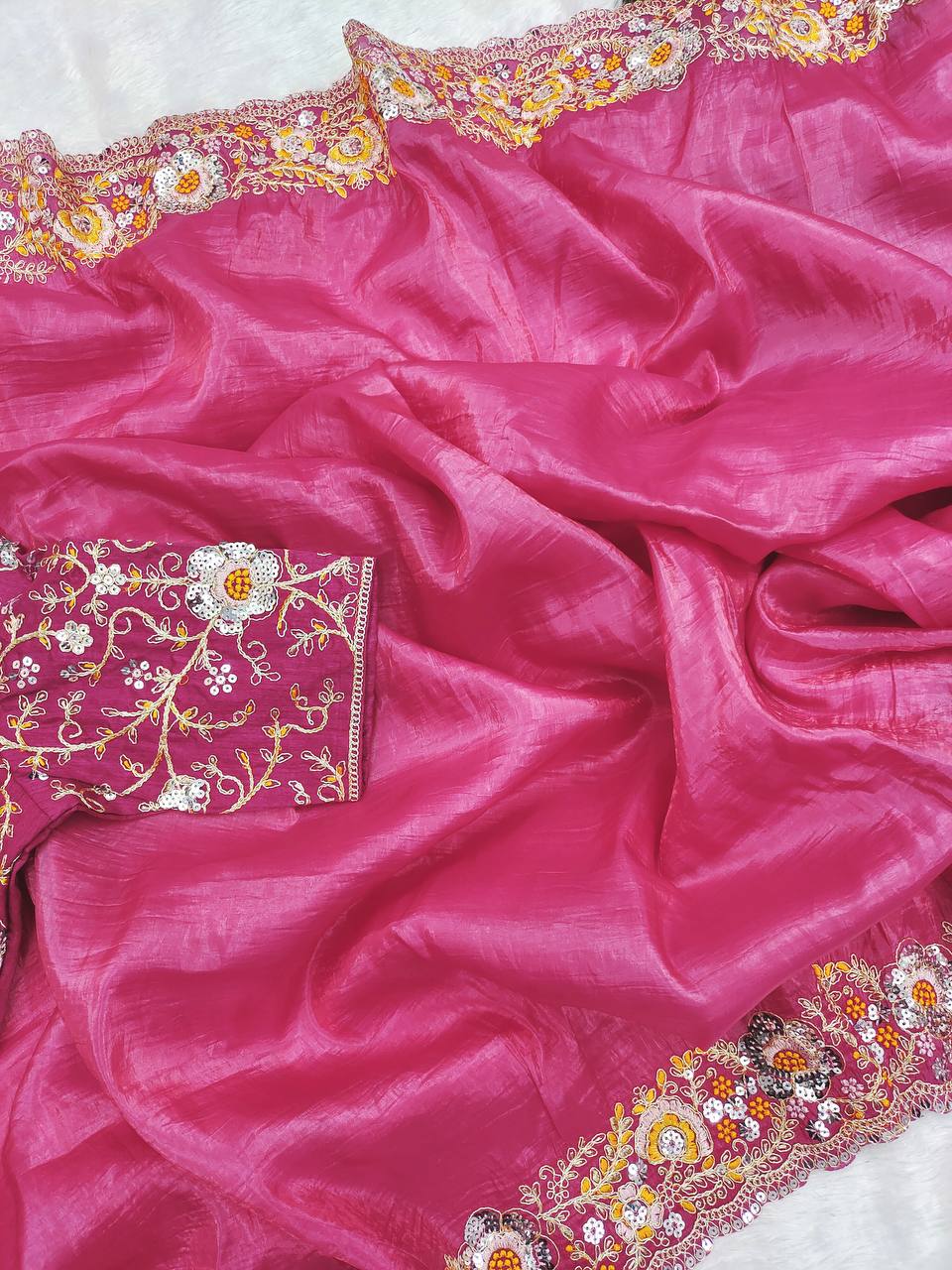saree Gold Crush With Heavy Embroidery Threads 🧵 Codding & Sequins Work single available wholesale