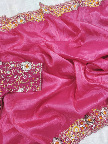 saree Gold Crush With Heavy Embroidery Threads 🧵 Codding & Sequins Work single available wholesale