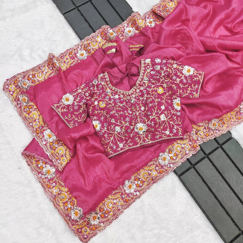 saree Gold Crush With Heavy Embroidery Threads 🧵 Codding & Sequins Work single available wholesale