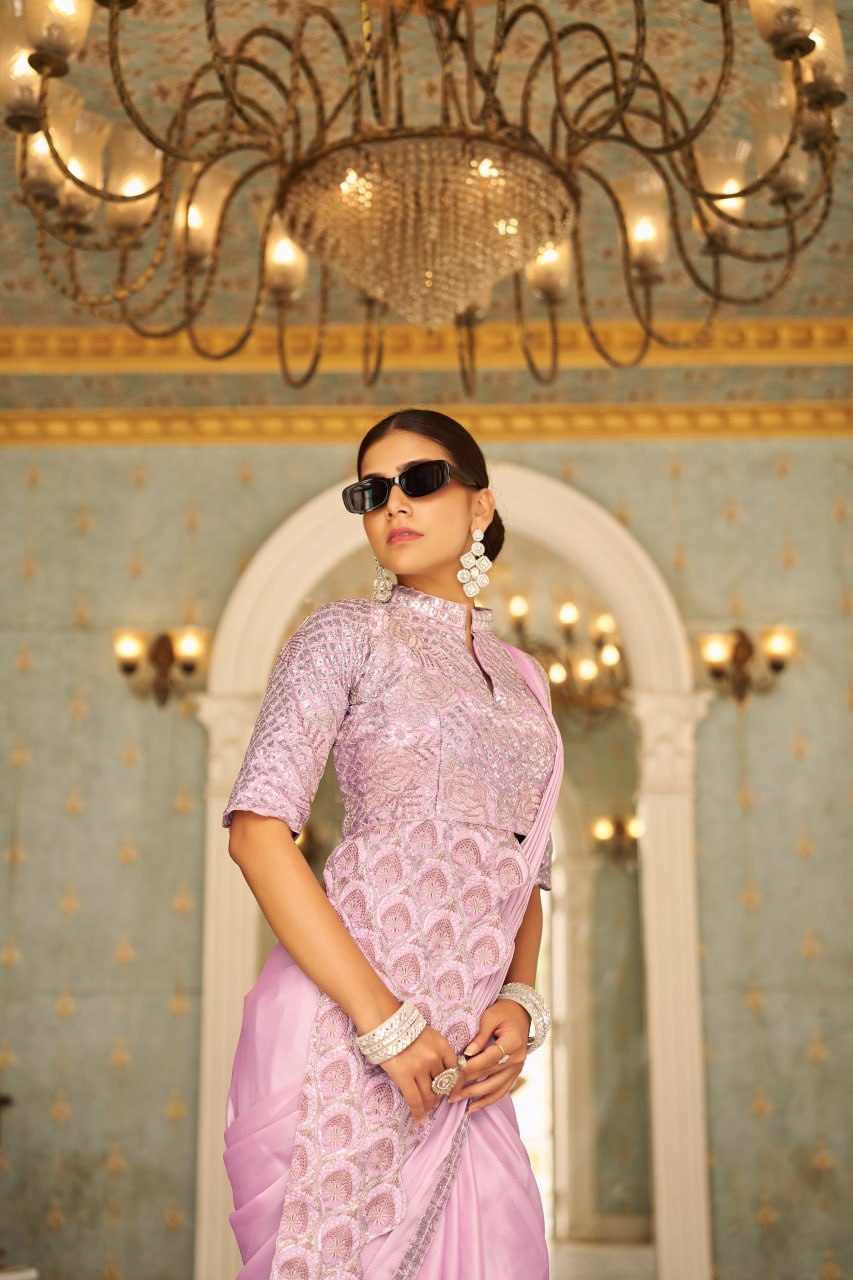 TRENDING READY TO WEAR SAREE WITH FULLY EMBROIDERED STYLIST BLOUSE ON  CHINON FABRIC