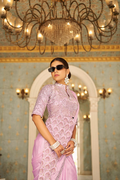 TRENDING READY TO WEAR SAREE WITH FULLY EMBROIDERED STYLIST BLOUSE ON  CHINON FABRIC