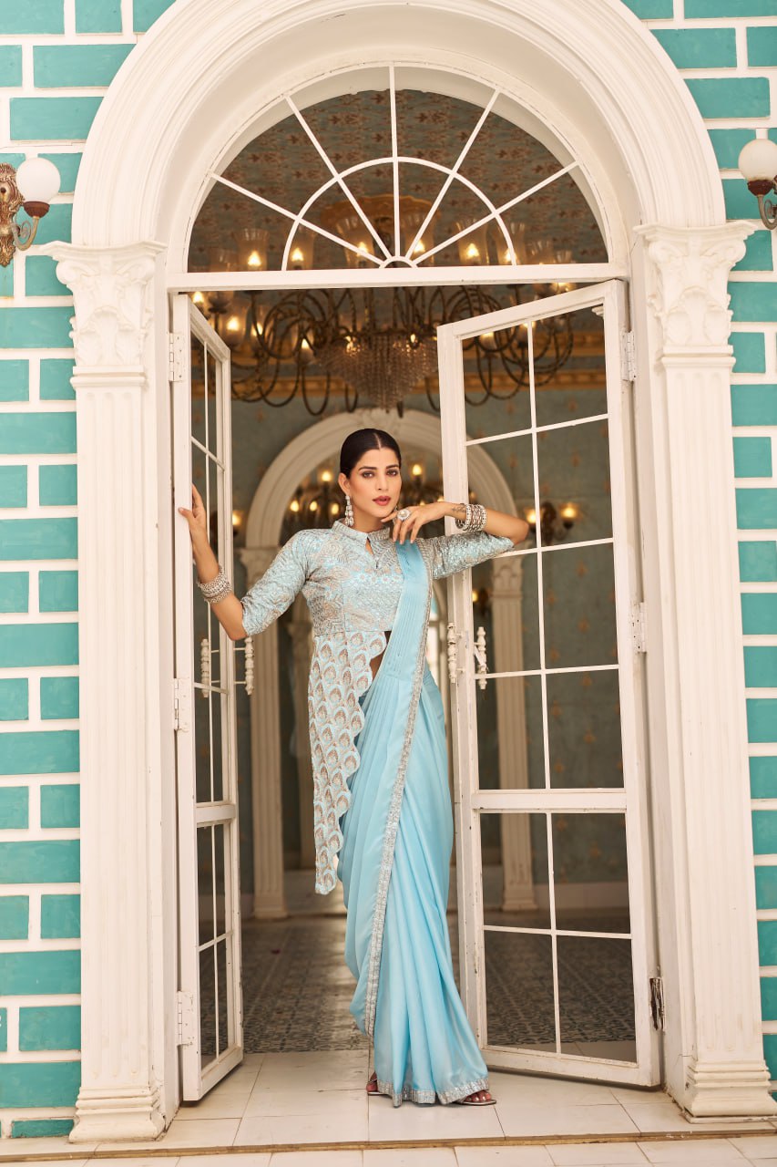 TRENDING READY TO WEAR SAREE WITH FULLY EMBROIDERED STYLIST BLOUSE ON  CHINON FABRIC