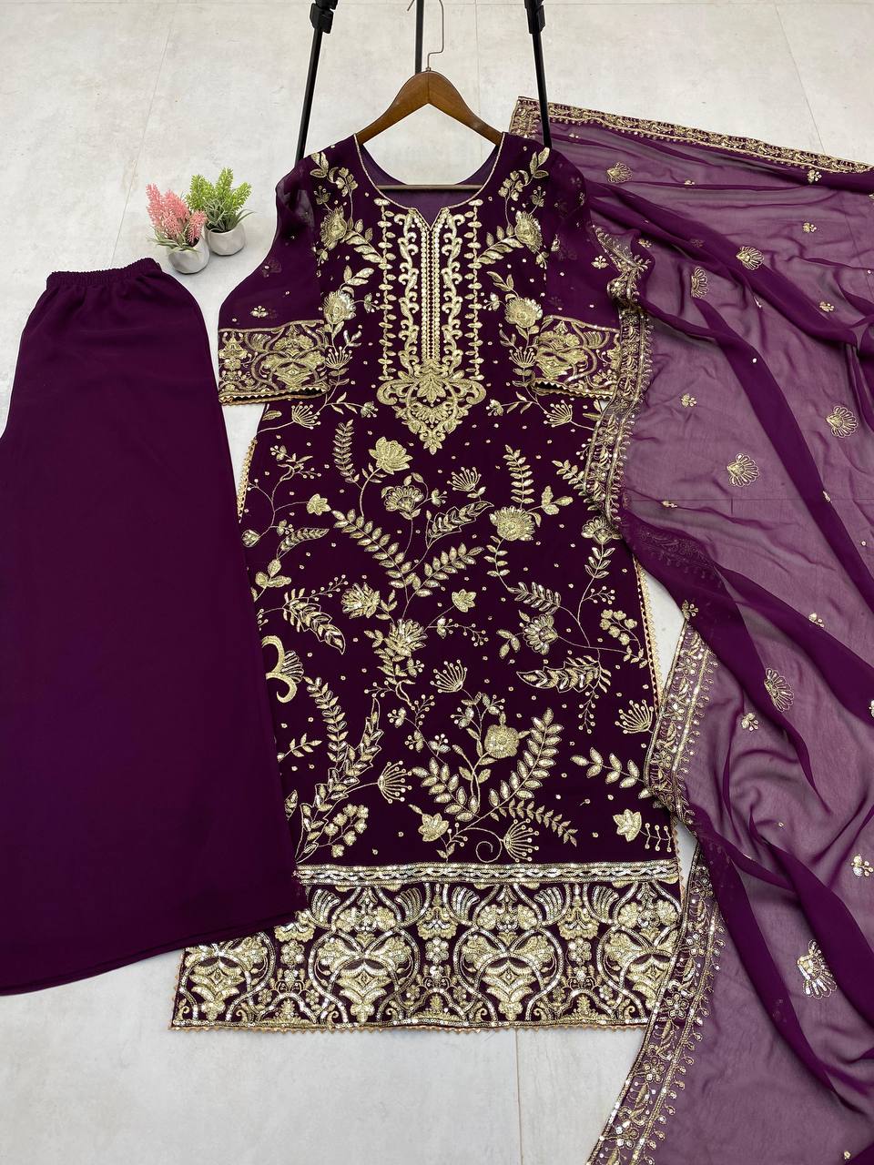 TRENDING KURTA PLAZZO AND DUPATTA SET WITH  BEAUTIFUL SEQUENCE EMBROIDERY WORK single available wholesale