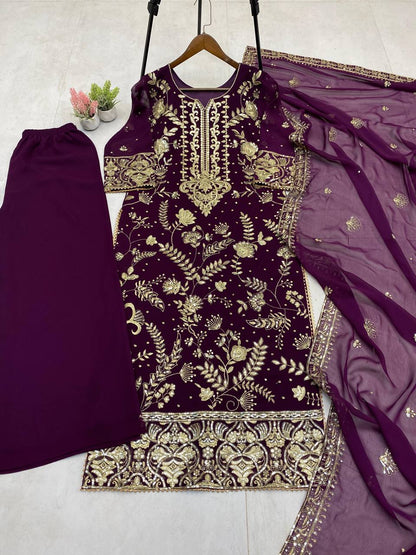TRENDING KURTA PLAZZO AND DUPATTA SET WITH  BEAUTIFUL SEQUENCE EMBROIDERY WORK single available wholesale