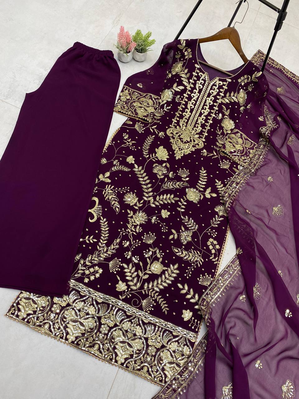 TRENDING KURTA PLAZZO AND DUPATTA SET WITH  BEAUTIFUL SEQUENCE EMBROIDERY WORK single available wholesale