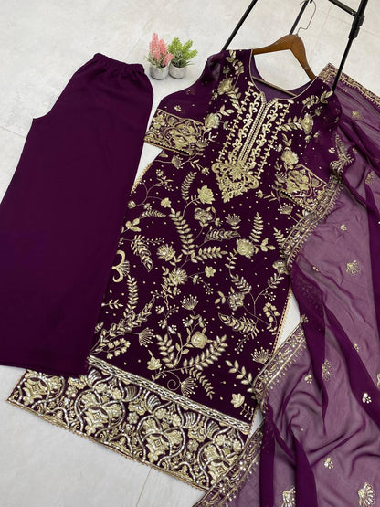 TRENDING KURTA PLAZZO AND DUPATTA SET WITH  BEAUTIFUL SEQUENCE EMBROIDERY WORK single available wholesale