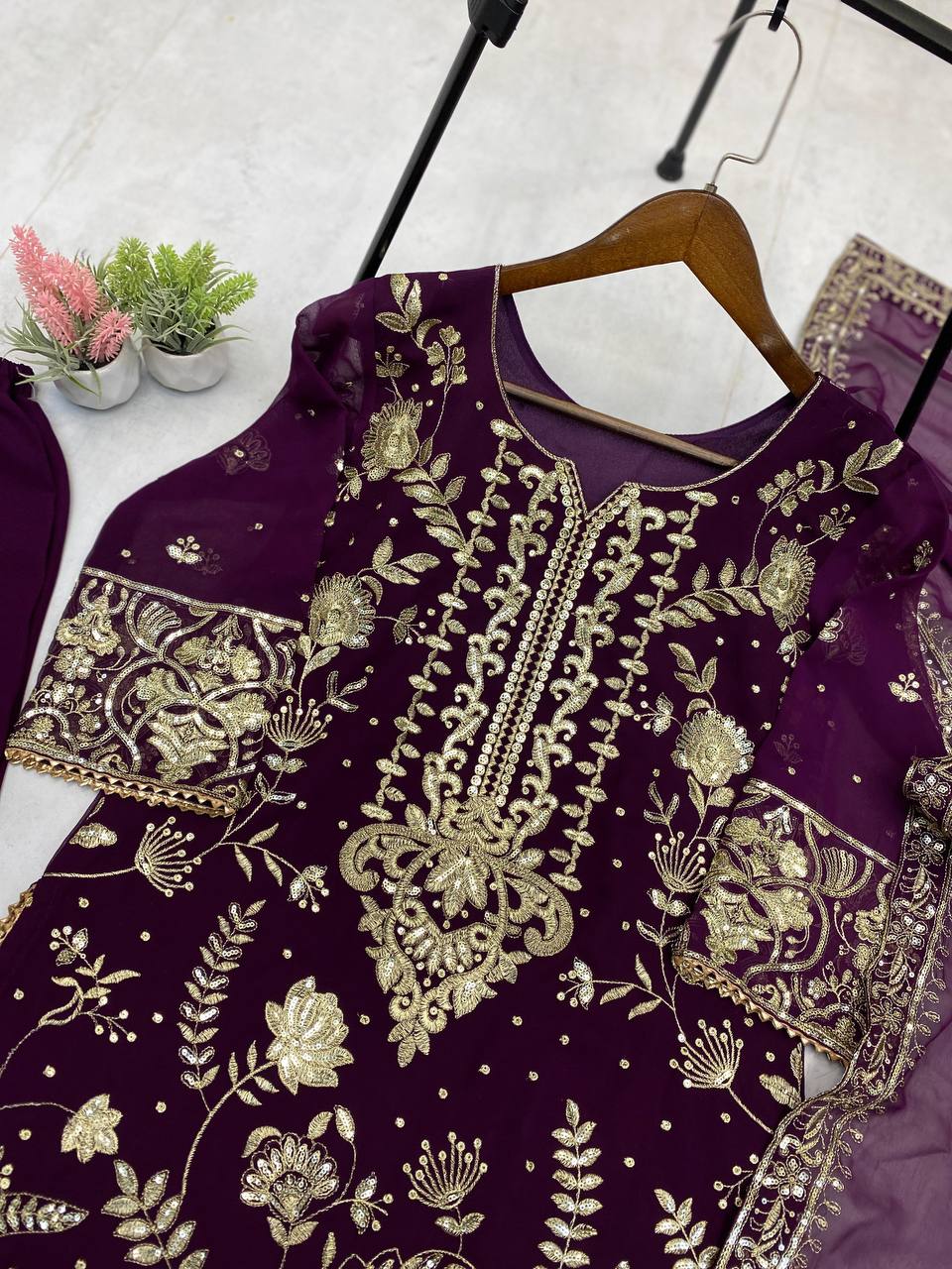 TRENDING KURTA PLAZZO AND DUPATTA SET WITH  BEAUTIFUL SEQUENCE EMBROIDERY WORK single available wholesale
