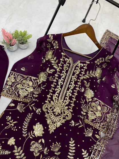 TRENDING KURTA PLAZZO AND DUPATTA SET WITH  BEAUTIFUL SEQUENCE EMBROIDERY WORK single available wholesale