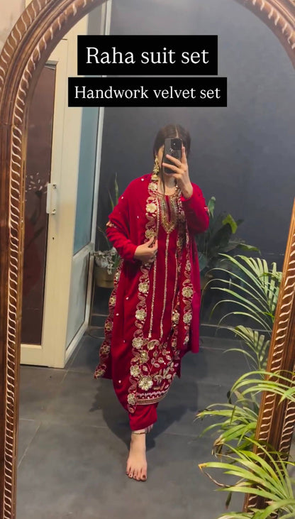 3 PIECE EMBROIDERED SUIT ON VELVET FABRIC WITH HEAVY WORK