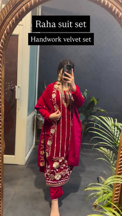 3 PIECE EMBROIDERED SUIT ON VELVET FABRIC WITH HEAVY WORK