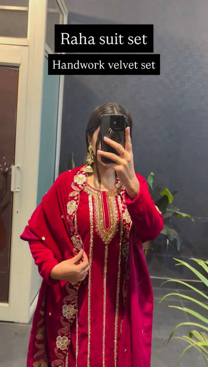 3 PIECE EMBROIDERED SUIT ON VELVET FABRIC WITH HEAVY WORK