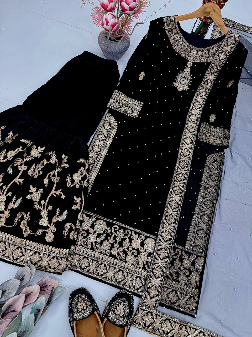 DESIGNER WEAR 9000 VELVET TOP WITH SHARARA single available wholesale