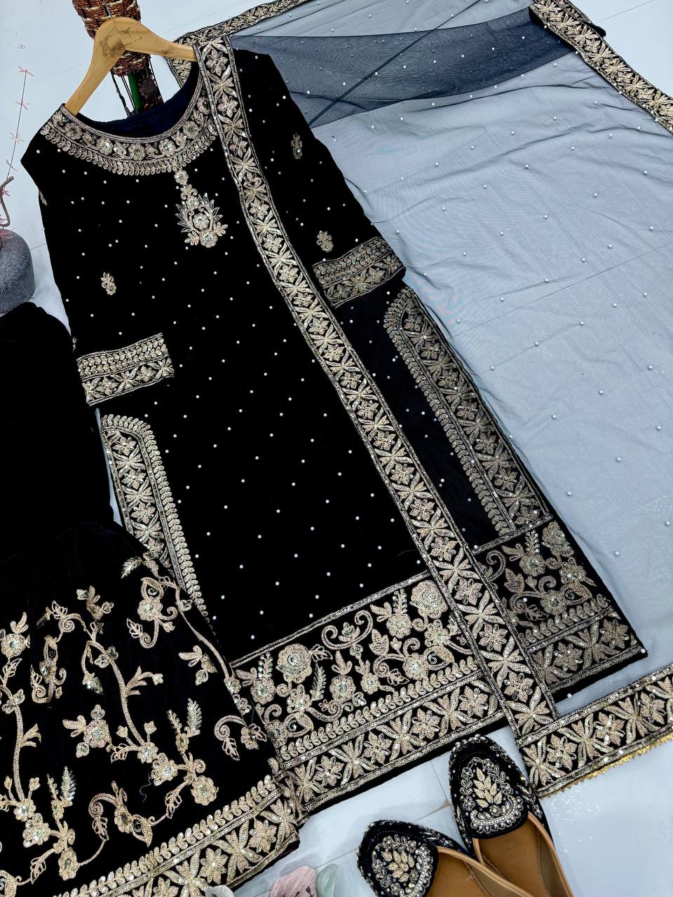 DESIGNER WEAR 9000 VELVET TOP WITH SHARARA single available wholesale