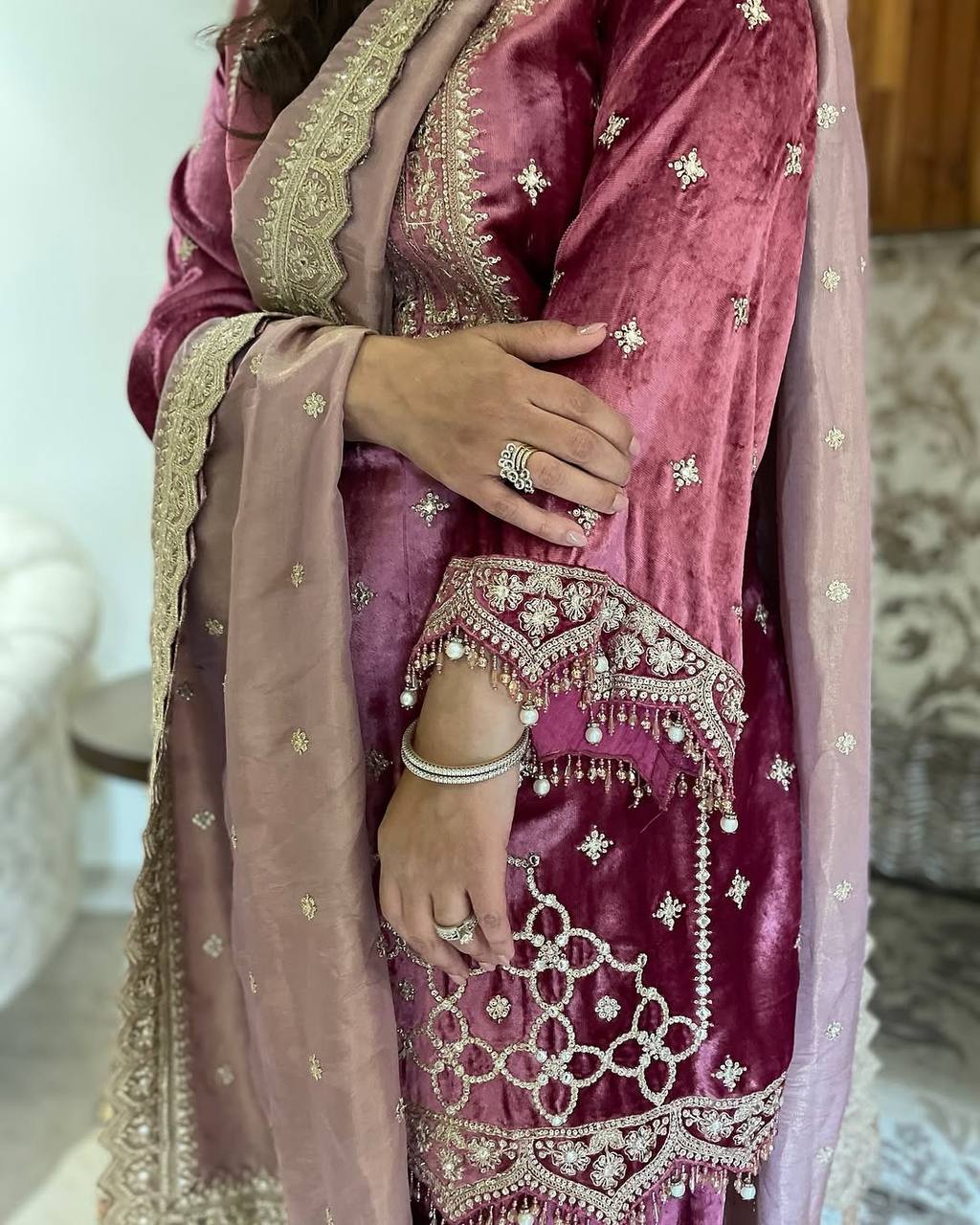 Party Wear Viscose Velvet Designer  Look Top-Dupatta and Fully Stiched Bottom With Heavy Embroidery Siquance Work