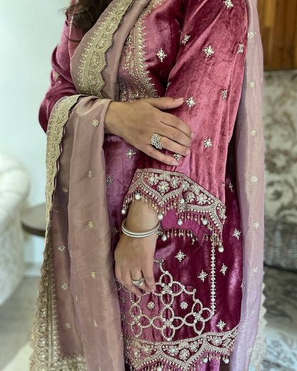 Party Wear Viscose Velvet Designer  Look Top-Dupatta and Fully Stiched Bottom With Heavy Embroidery Siquance Work