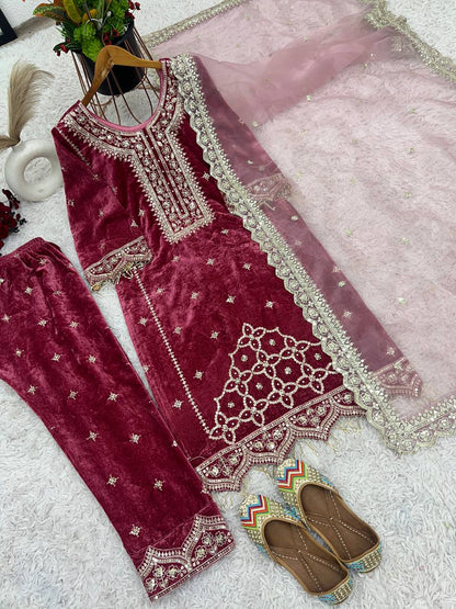 Party Wear Viscose Velvet Designer  Look Top-Dupatta and Fully Stiched Bottom With Heavy Embroidery Siquance Work