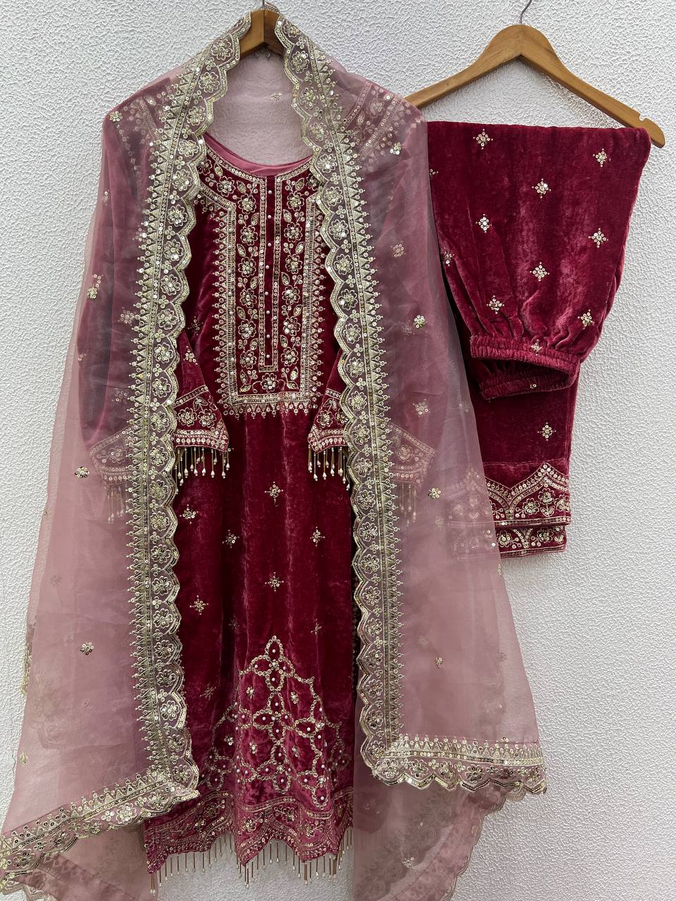 Party Wear Viscose Velvet Designer  Look Top-Dupatta and Fully Stiched Bottom With Heavy Embroidery Siquance Work
