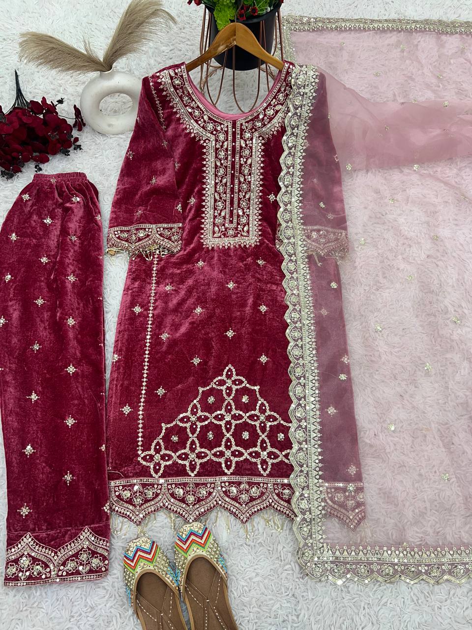 Party Wear Viscose Velvet Designer  Look Top-Dupatta and Fully Stiched Bottom With Heavy Embroidery Siquance Work