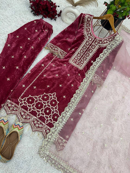 Party Wear Viscose Velvet Designer  Look Top-Dupatta and Fully Stiched Bottom With Heavy Embroidery Siquance Work
