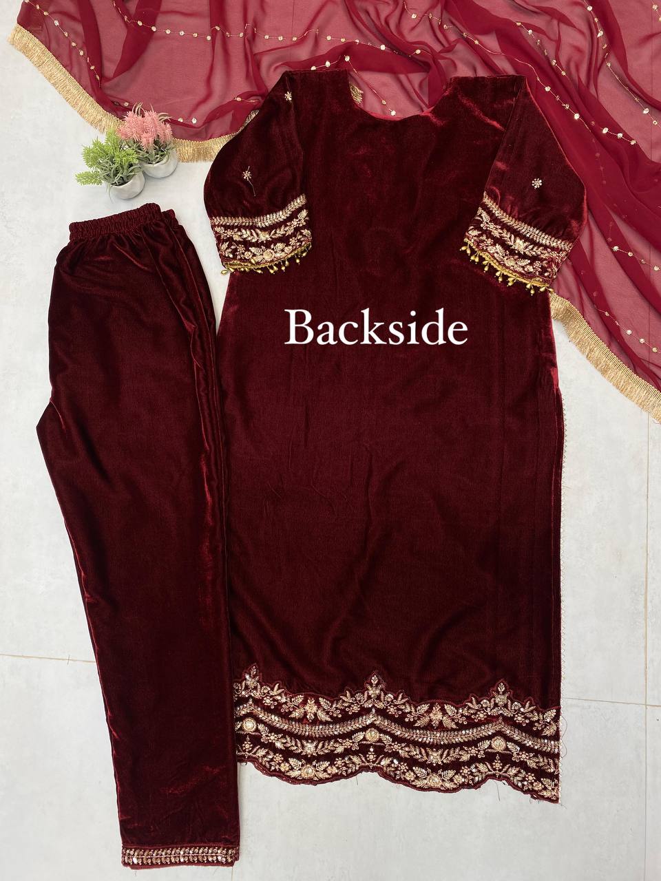 VELVET COLLECTION FOR THIS WINTER SEASON OUR EXCLUSIVE 3 PIECE PANT  PAIR WITH SEQUENCE EMBROIDERY WORK single available wholesale