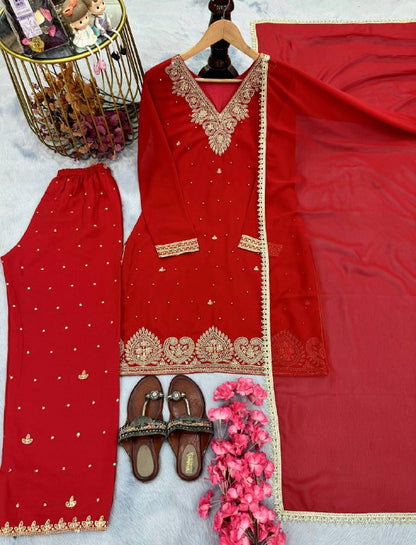 Đěsigner Party Wear Look Pur Heavy Faux Georgette Top Plazzo & Dupatta Set single available wholesale