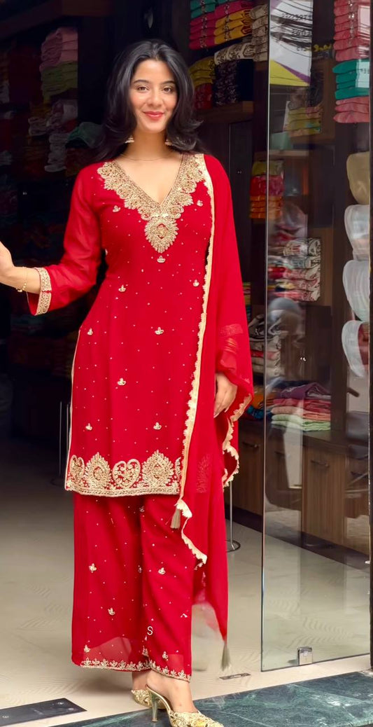Đěsigner Party Wear Look Pur Heavy Faux Georgette Top Plazzo & Dupatta Set single available wholesale
