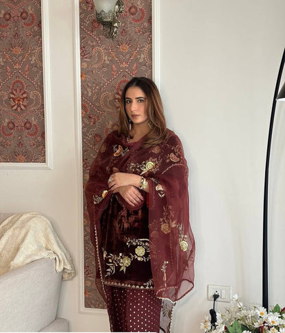 VELVET DESIGNER WEAR KURTA PLAZZO PAIR WITH EMBROIDERY WORK single available wholesale