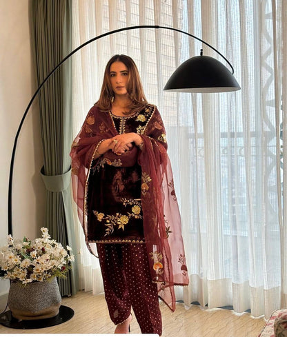 VELVET DESIGNER WEAR KURTA PLAZZO PAIR WITH EMBROIDERY WORK single available wholesale
