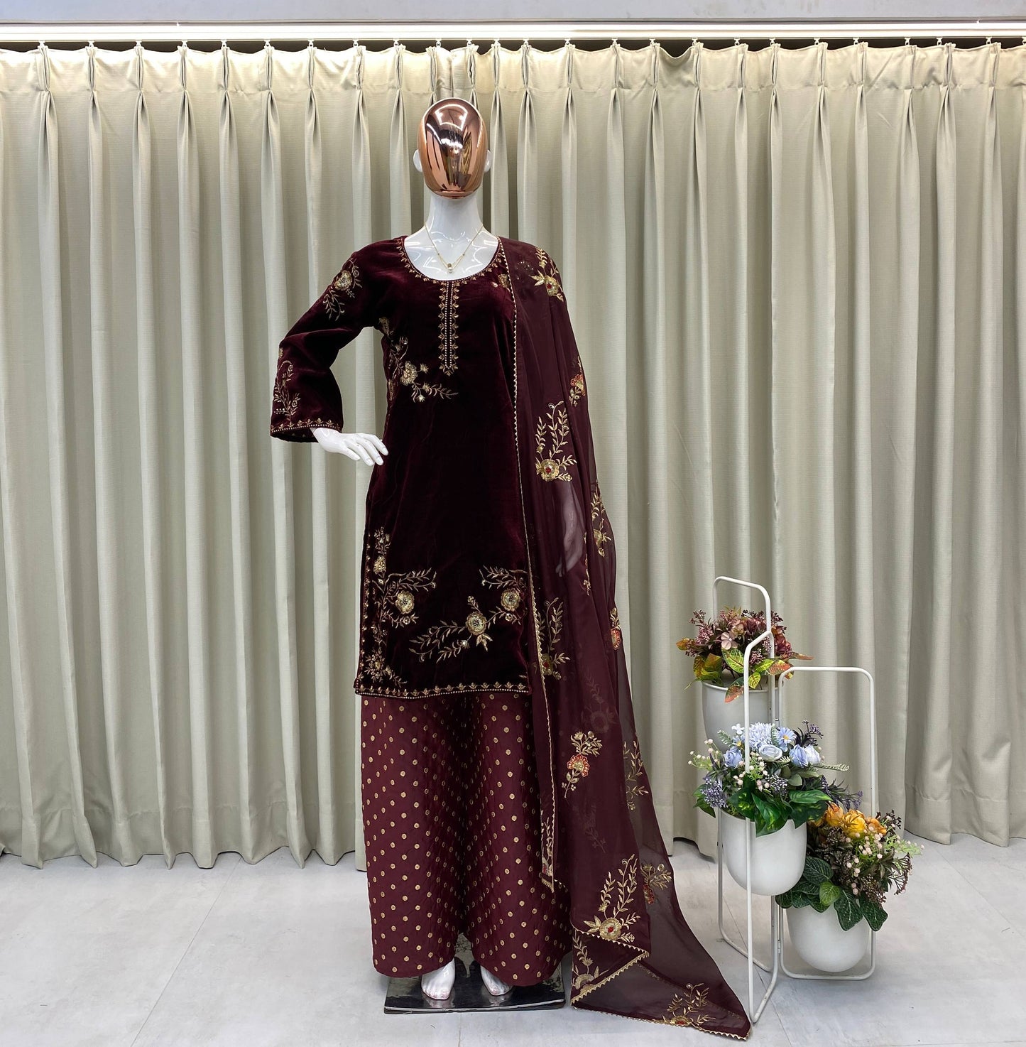 VELVET DESIGNER WEAR KURTA PLAZZO PAIR WITH EMBROIDERY WORK single available wholesale