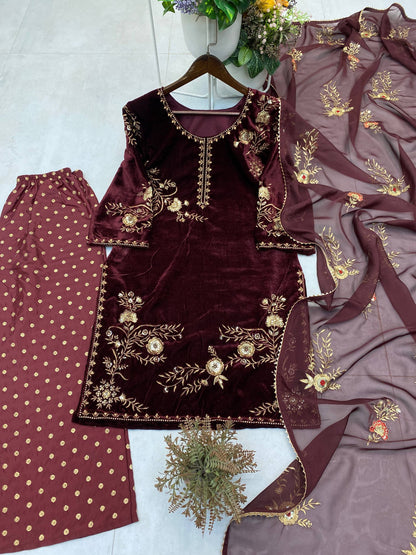 VELVET DESIGNER WEAR KURTA PLAZZO PAIR WITH EMBROIDERY WORK single available wholesale