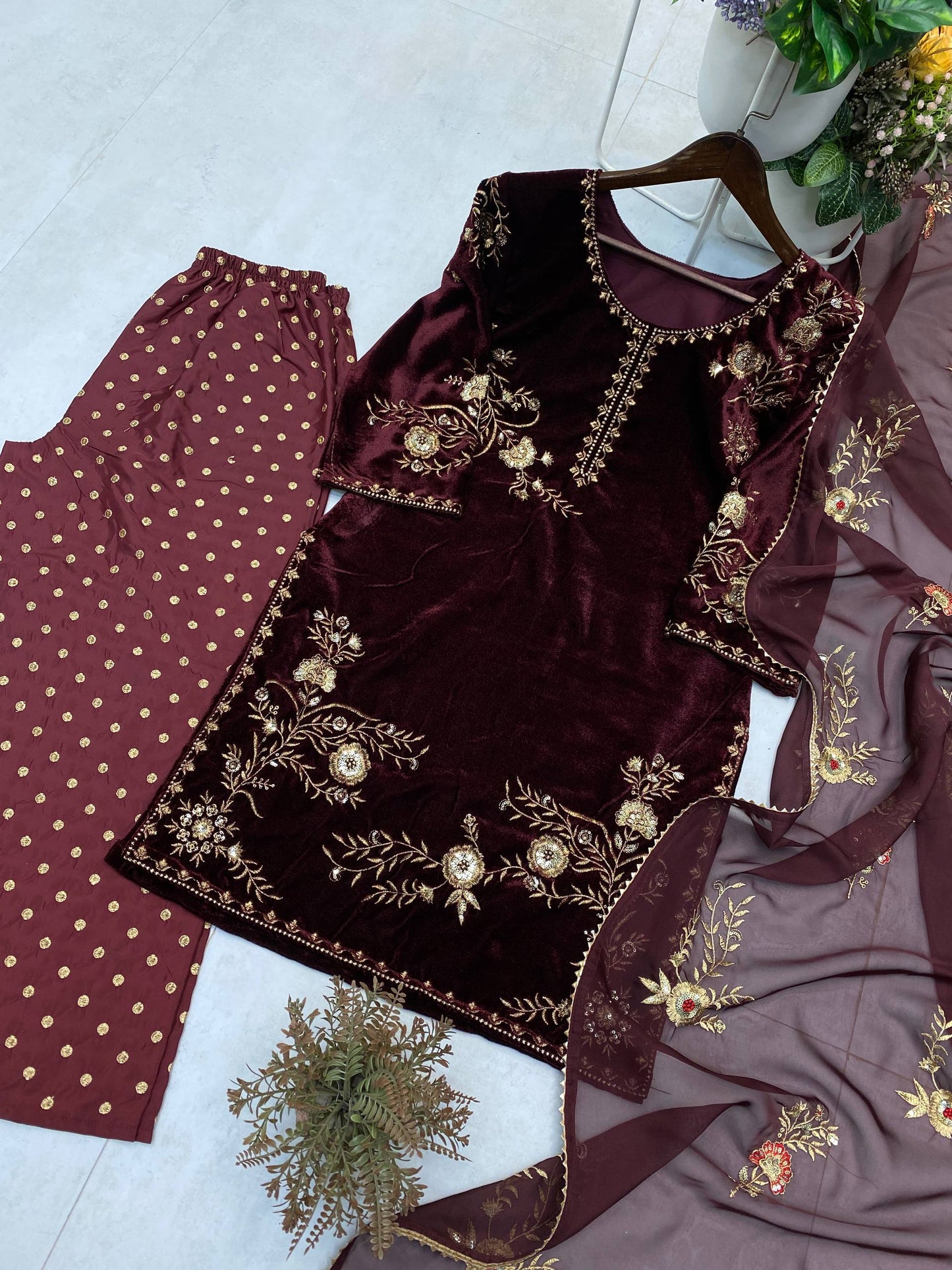 VELVET DESIGNER WEAR KURTA PLAZZO PAIR WITH EMBROIDERY WORK single available wholesale