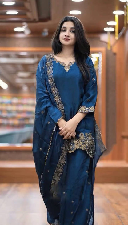 jimmy choo Silk And Heavy Embroidery Sequence Work Top-Bottom And Dupatta Set Fully Stitched Ready To Wear Collection