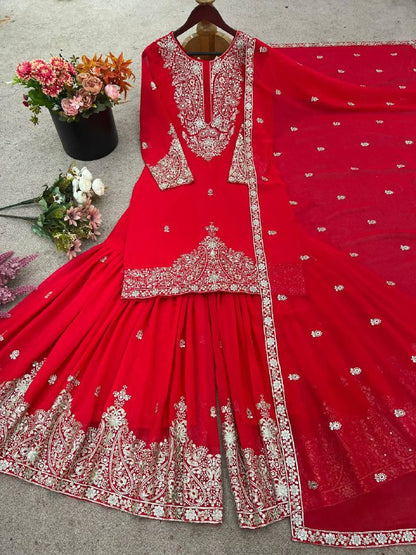 Faux Georgette With Embroidery Work Top-Bottom And Dupatta Set Fully Stitched Ready To Wear single available wholesale