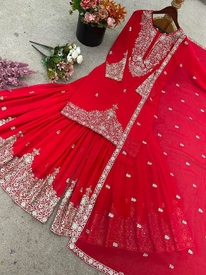 Faux Georgette With Embroidery Work Top-Bottom And Dupatta Set Fully Stitched Ready To Wear single available wholesale