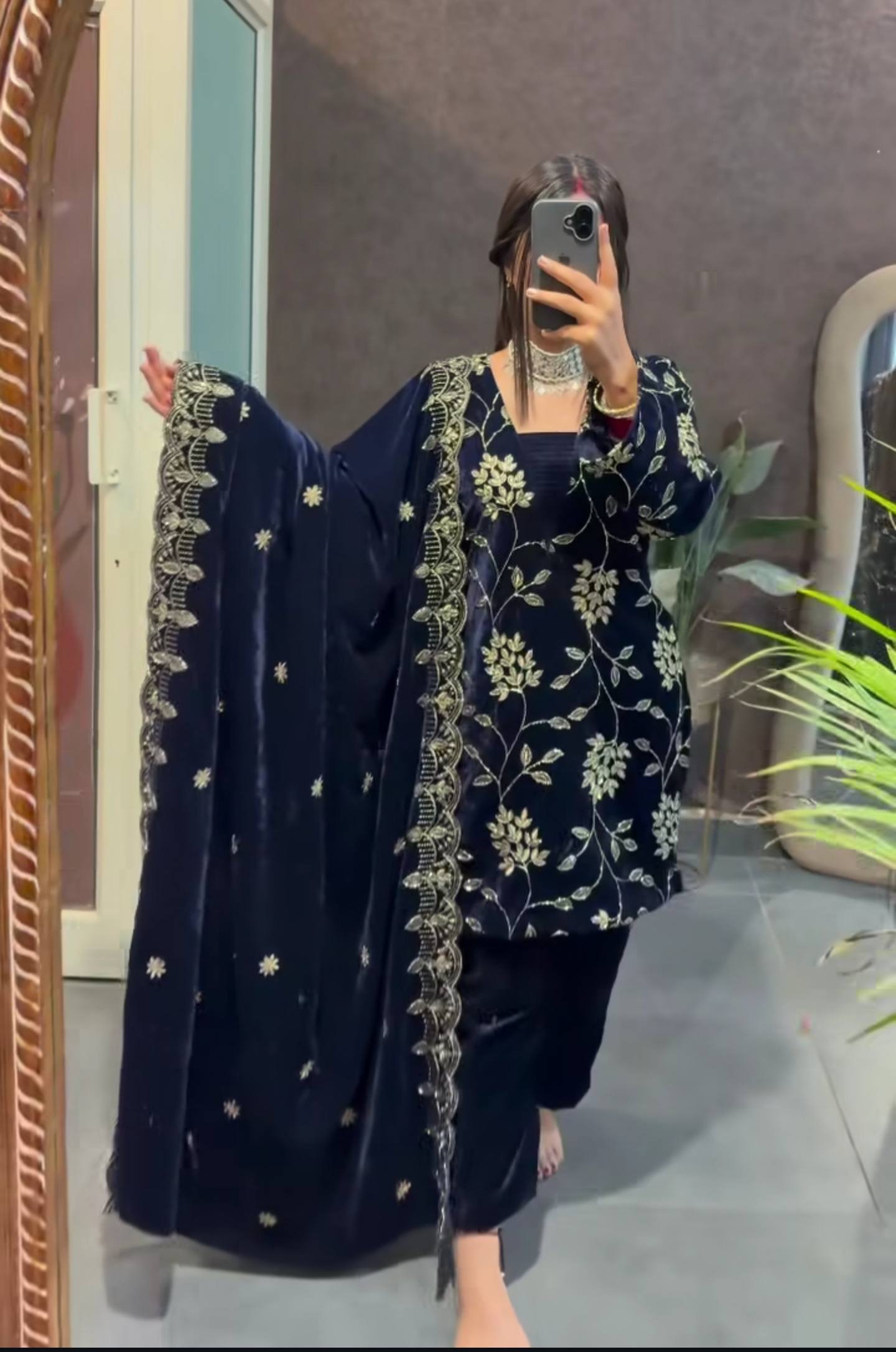 Pure Heavy Viscose Velvet With *Heavy Embroidery Multi Sequence Work* With Full Embroidery Sleeve