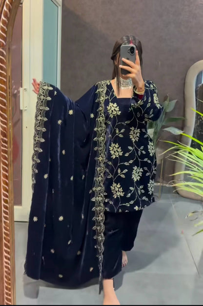 Pure Heavy Viscose Velvet With *Heavy Embroidery Multi Sequence Work* With Full Embroidery Sleeve