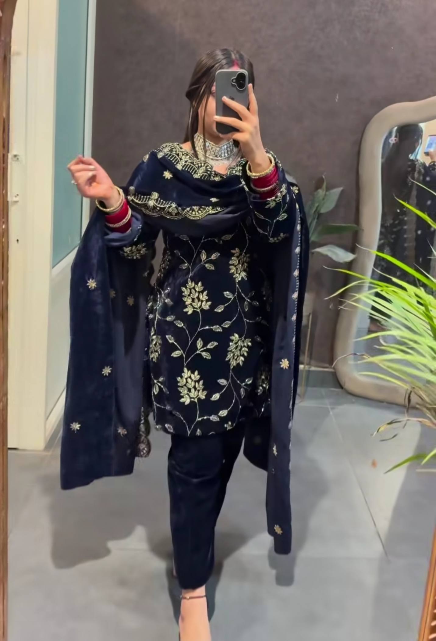 Pure Heavy Viscose Velvet With *Heavy Embroidery Multi Sequence Work* With Full Embroidery Sleeve