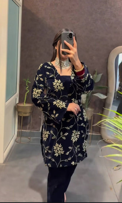 Pure Heavy Viscose Velvet With *Heavy Embroidery Multi Sequence Work* With Full Embroidery Sleeve