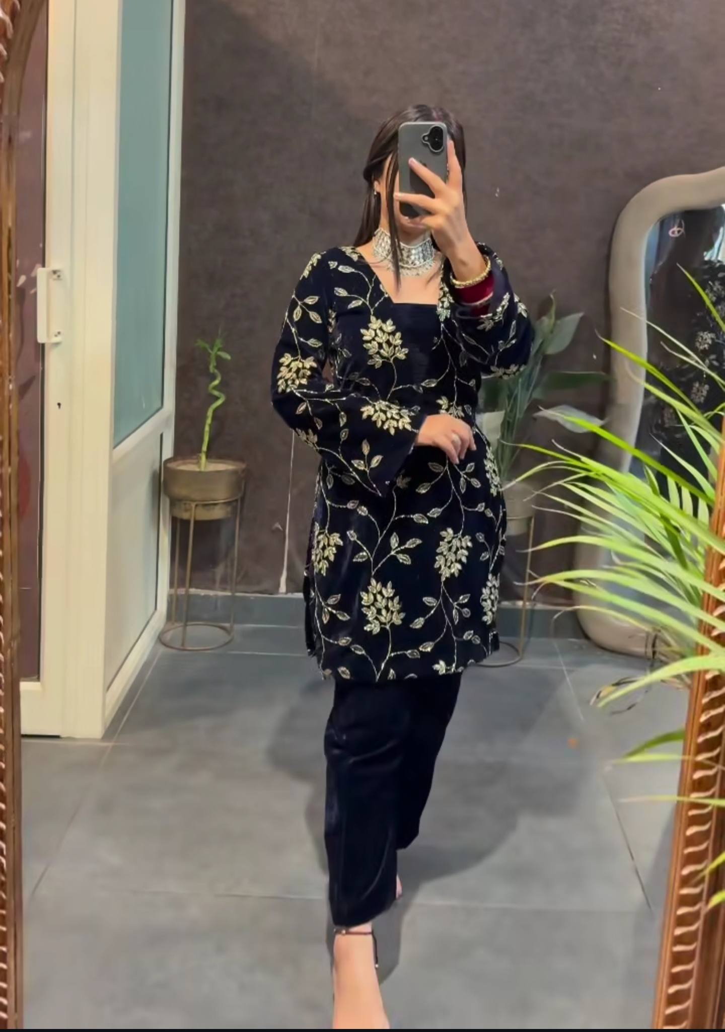 Pure Heavy Viscose Velvet With *Heavy Embroidery Multi Sequence Work* With Full Embroidery Sleeve