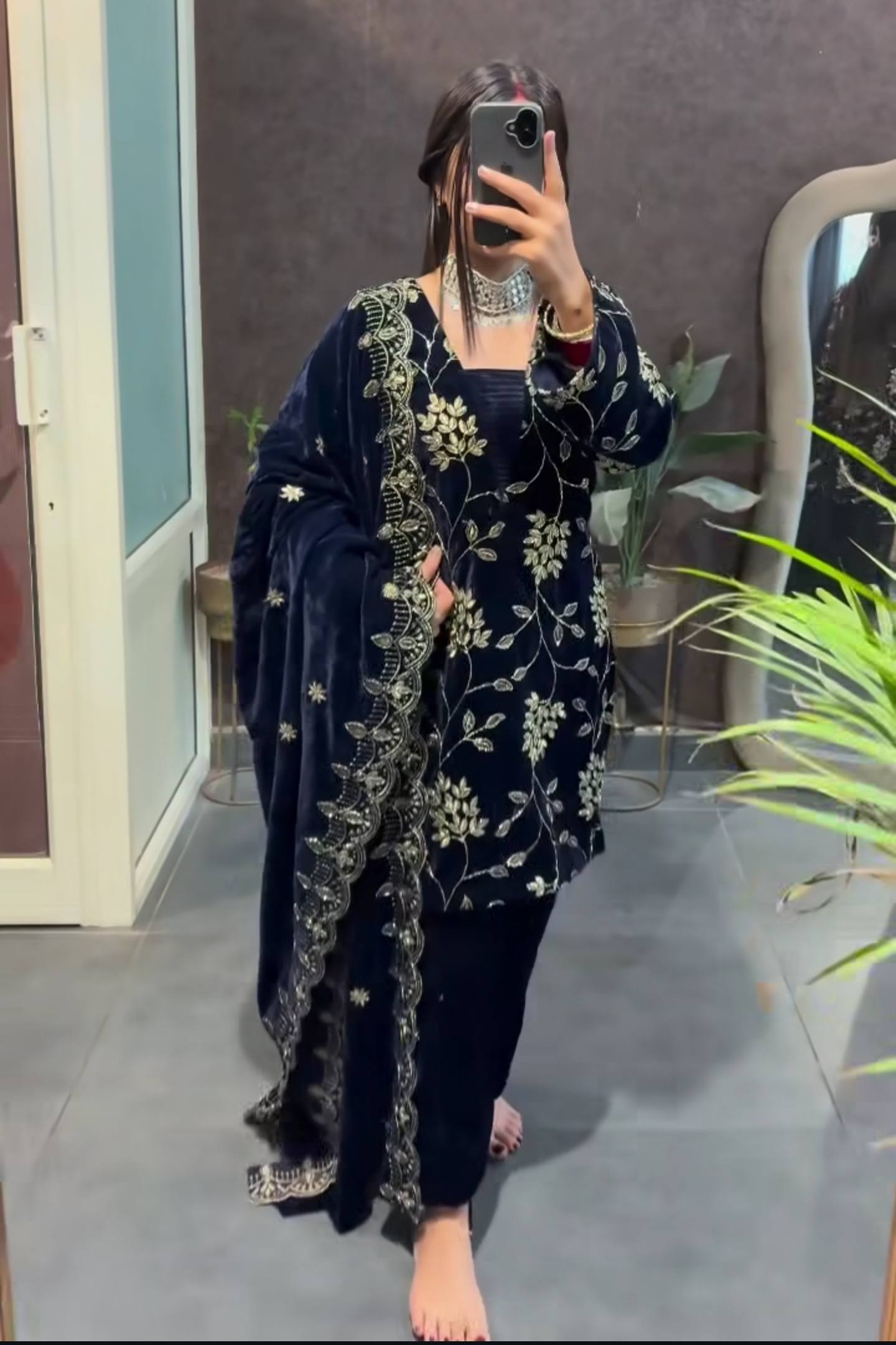 Pure Heavy Viscose Velvet With *Heavy Embroidery Multi Sequence Work* With Full Embroidery Sleeve