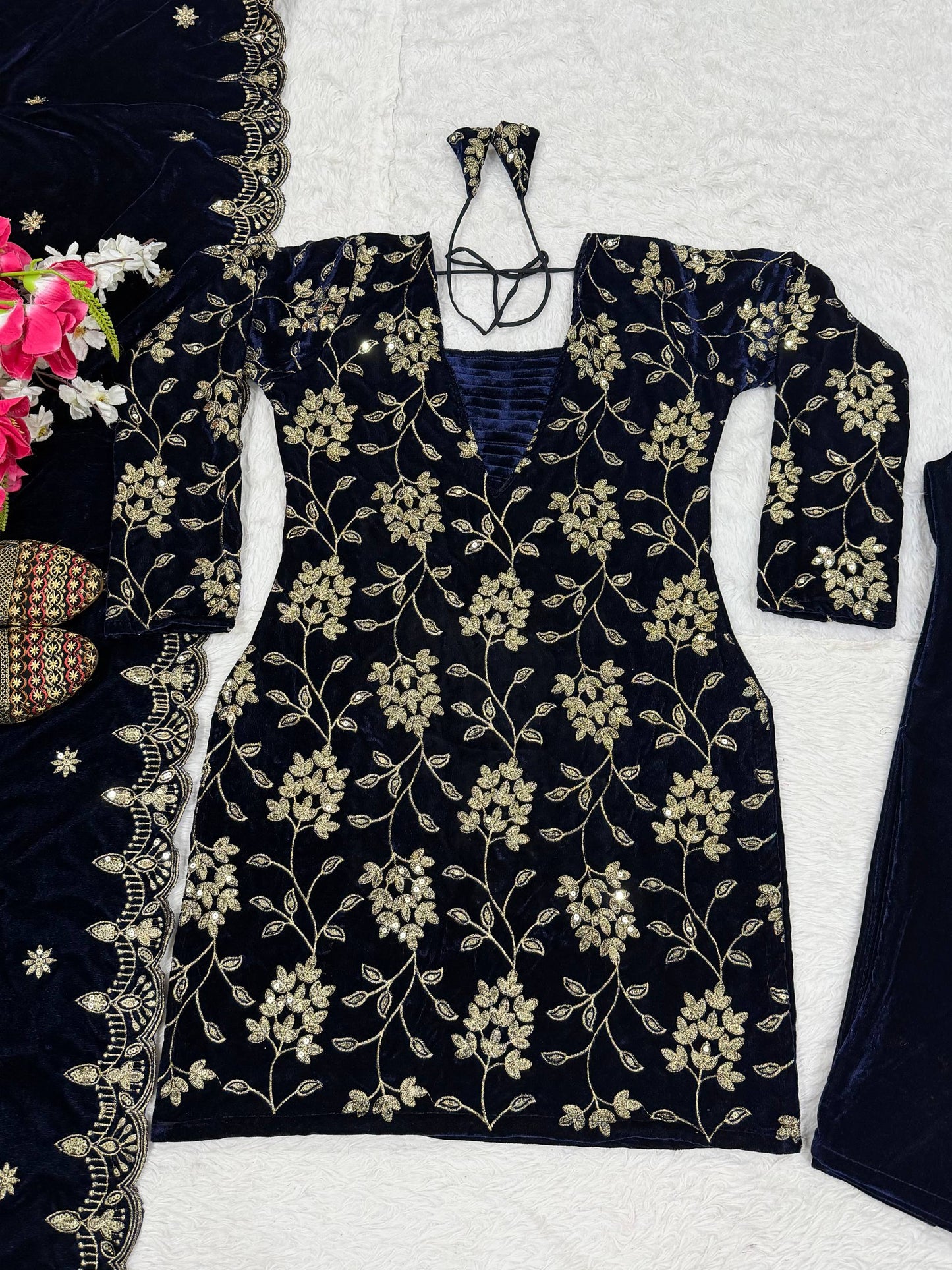Pure Heavy Viscose Velvet With *Heavy Embroidery Multi Sequence Work* With Full Embroidery Sleeve
