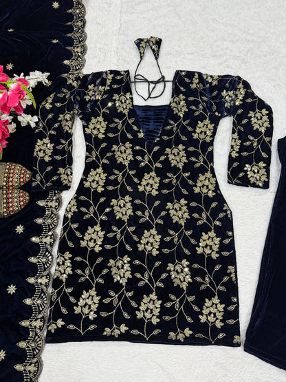Pure Heavy Viscose Velvet With *Heavy Embroidery Multi Sequence Work* With Full Embroidery Sleeve