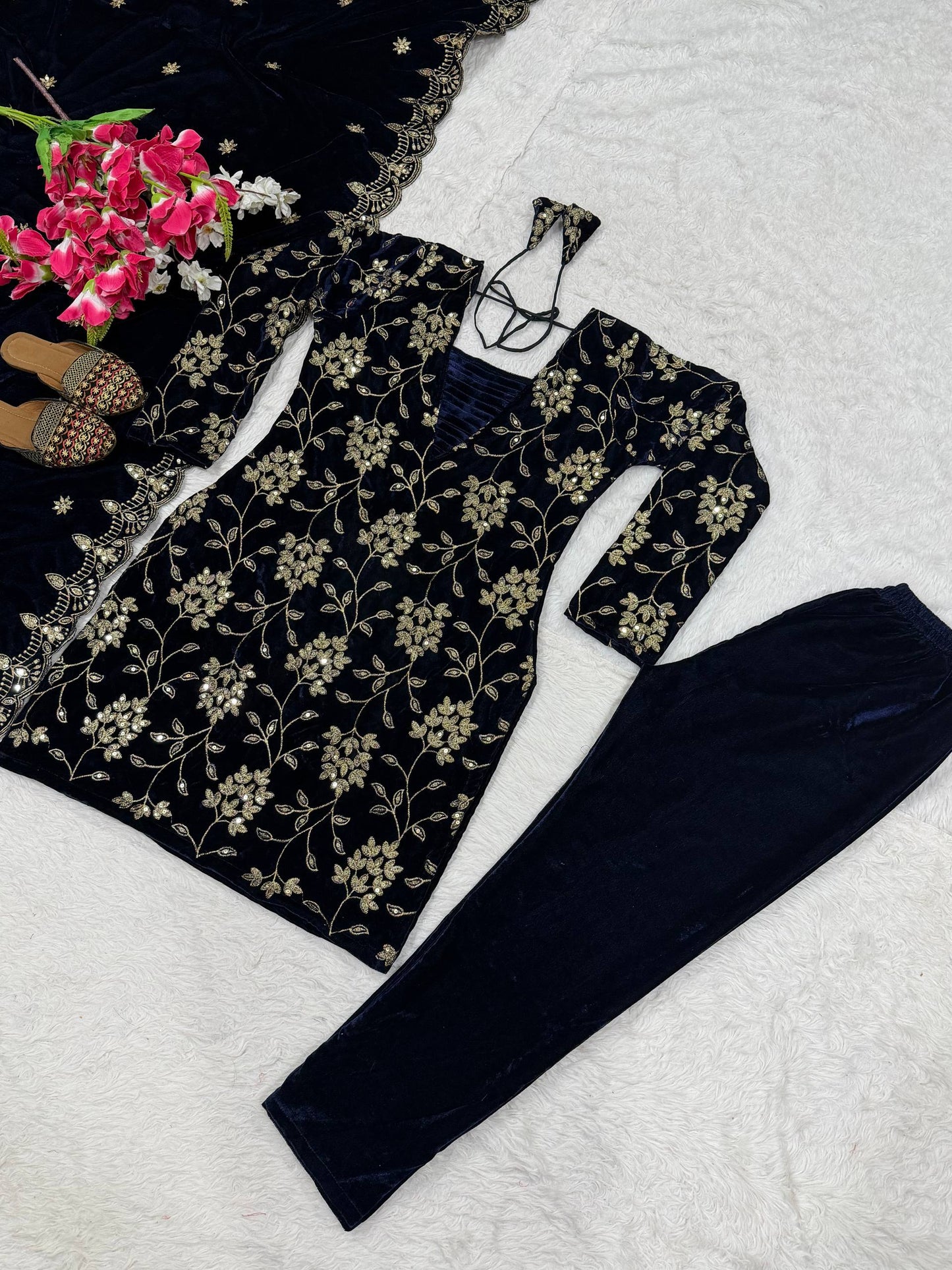 Pure Heavy Viscose Velvet With *Heavy Embroidery Multi Sequence Work* With Full Embroidery Sleeve