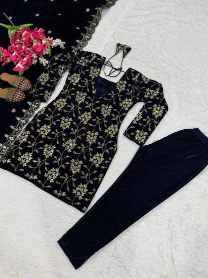 Pure Heavy Viscose Velvet With *Heavy Embroidery Multi Sequence Work* With Full Embroidery Sleeve