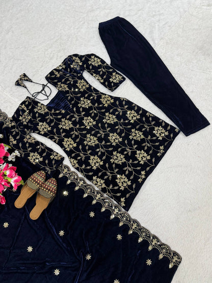 Pure Heavy Viscose Velvet With *Heavy Embroidery Multi Sequence Work* With Full Embroidery Sleeve